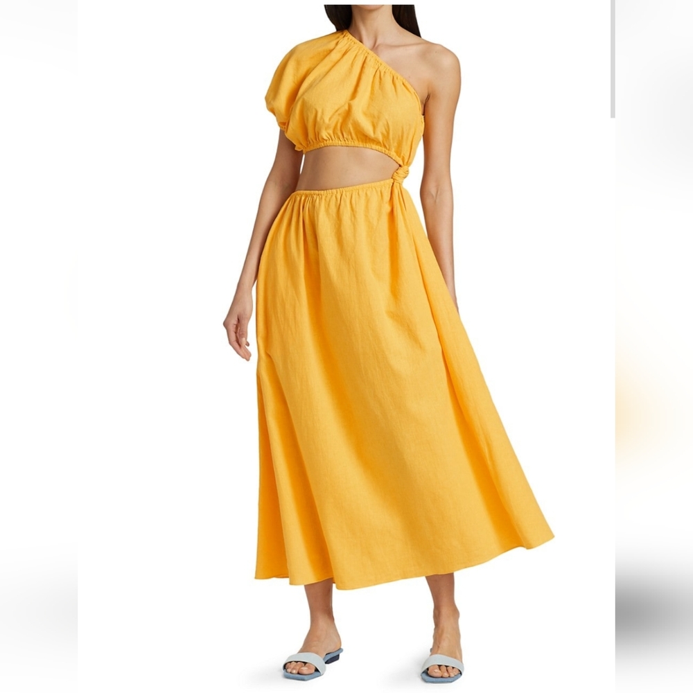 Farm Rio Womens Yellow Linen Blend One Shoulder Cut Out Waist Midi Dress Sz XS.
